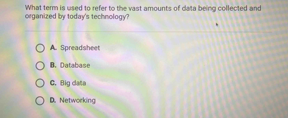 What term is used to refer to the vast amounts of data being collected and
organized by today's technology?
A. Spreadsheet
B. Database
C. Big data
D. Networking