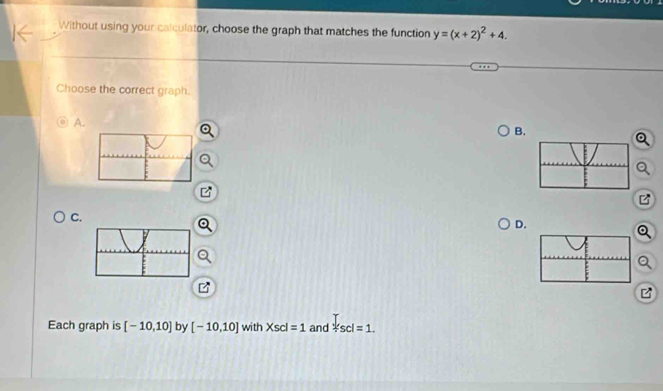 Without using your calculator, choose the graph that matches the function y=(x+2)^2+4. 
Choose the correct graph. 
A. 
B. 
C. 
D. 
Each graph is [-10,10] by [-10,10] with Xscl=1 and Ascl=1.