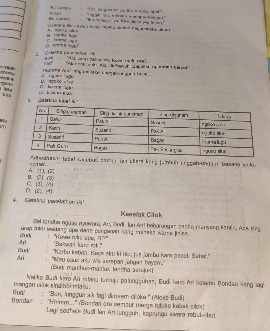 Bu Lestan "Oh, dingapura ya, ibu durung apal."
Indah "Inggih, Bu, mboten menapa-menapa."
Bu Lestari "Ibu ndhisiki, ya. Kae ojeke wis tekan."
Ukarane Bu Lestari kang kaping pindho migunakake ukara....
A. ngoko alus
B. ngoko lugu
C. krama lugu
D. krama inggil
2. Gatekna pacelathon iki!
Budi : "Aku arep bal-balan. Kowe melu ora?"
Andi : "Aku ora melu. Aku didhawuhi Bapakku ngumbah karpet."
ngajab
krama
Ukarane Andi migunakake unggah-ungguh basa...
A. ngoko lugu
egara
B. ngoko alus
gane C. krama lugu
tata
tata
D. krama alus
3. Gatekna tabel iki!
ata
aro
el kasebut, paraga lan ukara kang jumbuh unggah-ungguh basane yaiku
nomer....
A. (1), (2)
B. (2), (3)
C. (3), (4)
D. (2), (4)
4. Gatekna pacelathon iki!
Keselak Cilok
Bel tandha ngaso nyuwara, Ari, Budi, Ian Arif bebarengan padha menyang kantin. Ana sing
arep tuku wedang apa dene panganan kang maneka warna jinise.
Budi "Kowe tuku apa, Ri?"
Ari "Bakwan karo roti."
Budi "Karbo kabeh. Kaya aku ki hlo, jus jambu karo pecel. Sehat."
Ari "Mau esuk aku wis sarapan jangan bayem."
(Budi manthuk-mantuk tandha sarujuk)
Nalika Budi karo Ari mlaku tumuju palungguhan, Budi karo Ari ketemu Bondan kang lagi
mangan cilok sinambi mlaku.
Budi : "Bon, lungguh sik lagi dimaem ciloke." (Aloke Budi)
Bondan : "Hmmm..." (Bondan ora semaur merga tutuke kebak cilok)
Lagi sedhela Budi Ian Ari lungguh, keprungu swara rebut-ribut.