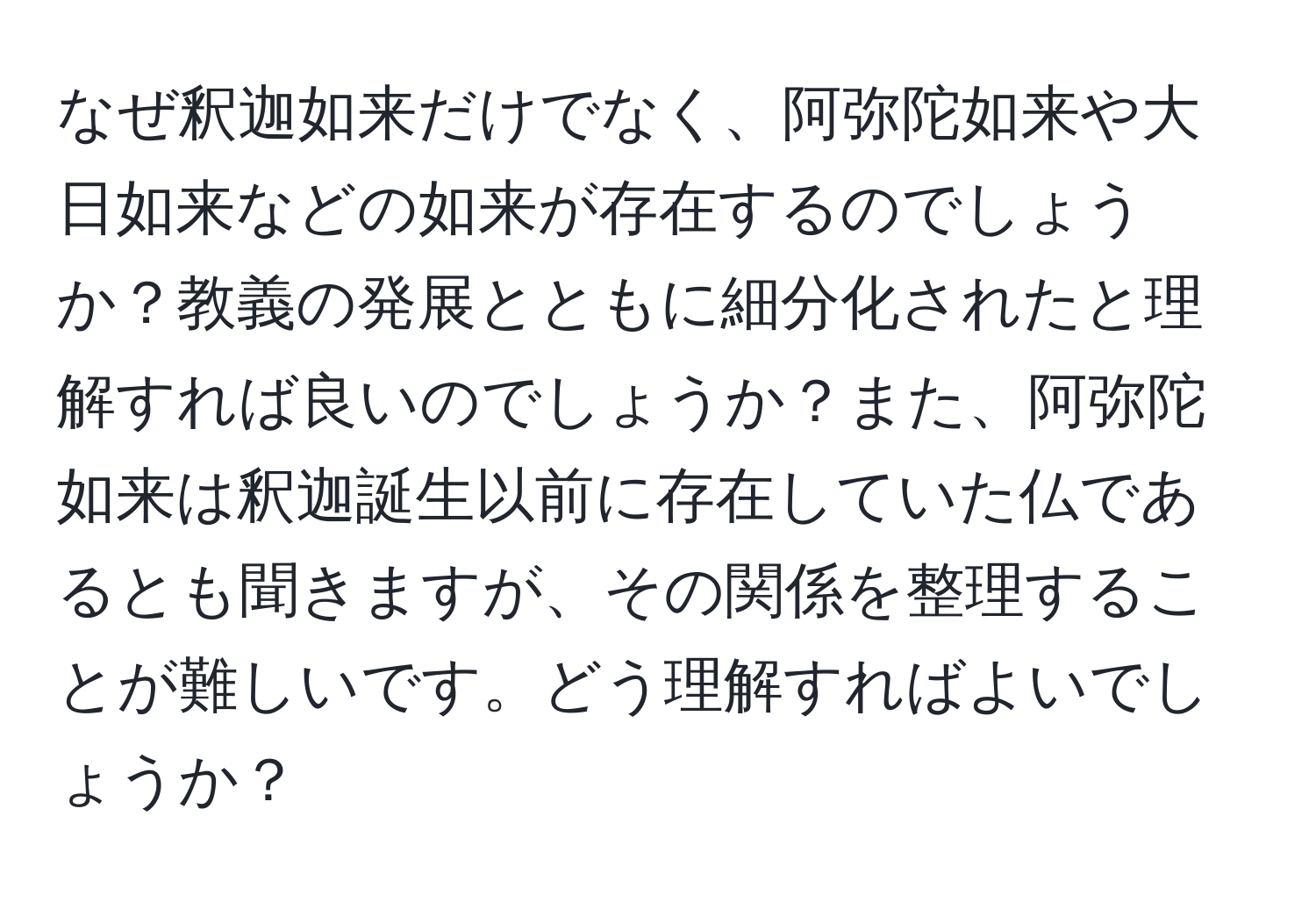 なぜ釈迦如来だけでなく、阿弥陀如来や大日如来などの如来が存在するのでしょうか？教義の発展とともに細分化されたと理解すれば良いのでしょうか？また、阿弥陀如来は釈迦誕生以前に存在していた仏であるとも聞きますが、その関係を整理することが難しいです。どう理解すればよいでしょうか？