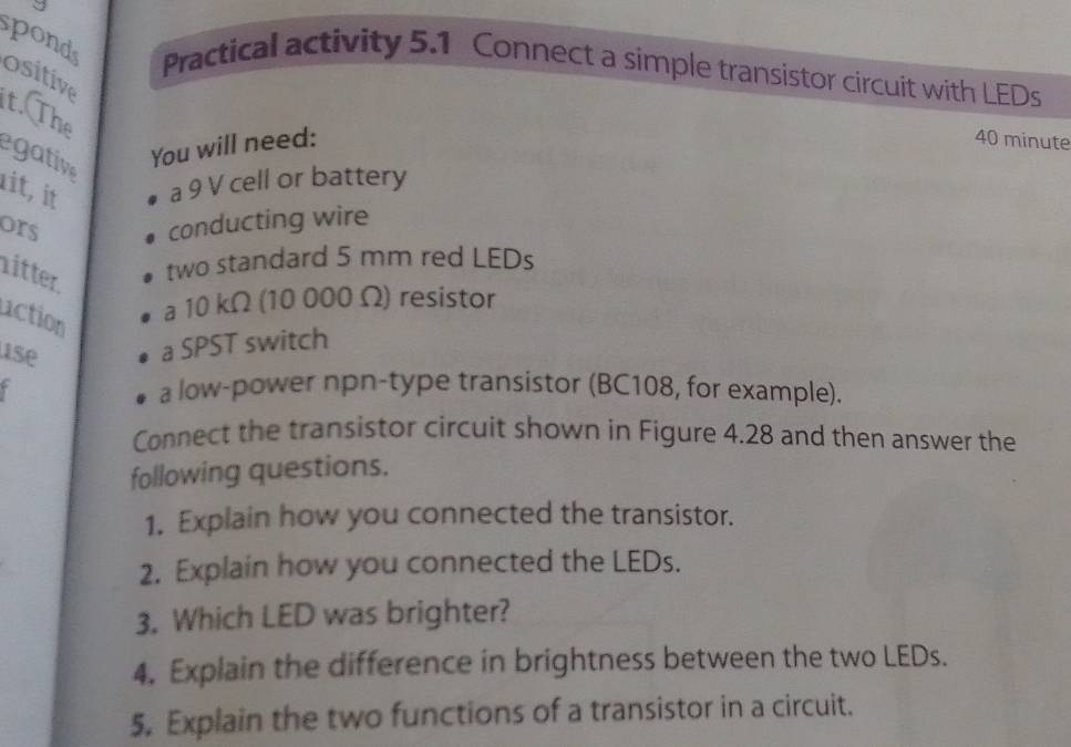 Practical activity 5.1 Connect a simple transistor circuit with LEDs ...