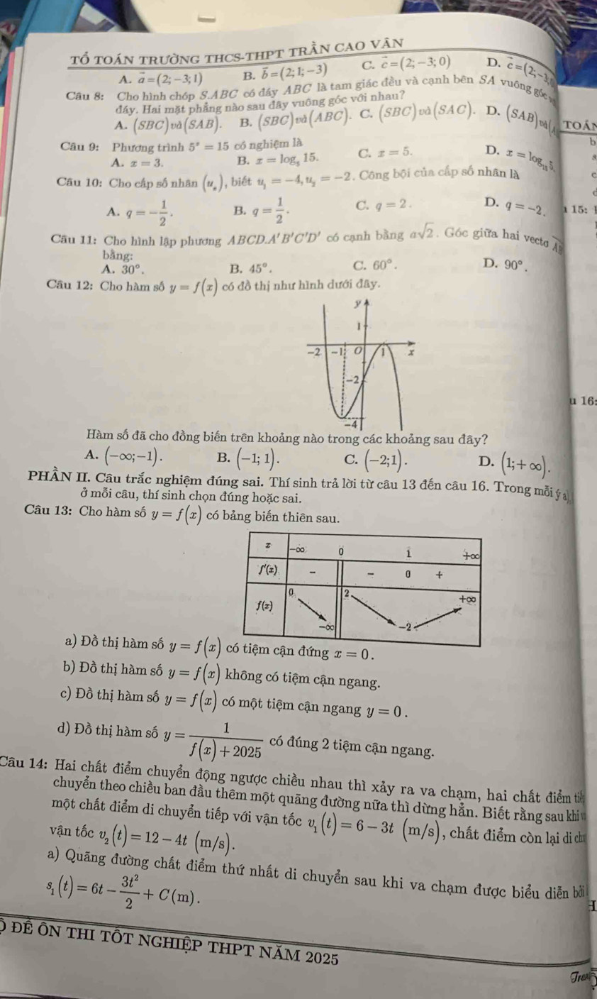 Tổ toán trường thcs-thPt trần cao vân
A. vector a=(2;-3;1) B. vector b=(2;1;-3) C. vector c=(2;-3;0) D. c=(2;-3,1,)
Câu 8: Cho hình chóp S.ABC có đáy ABC là tam giác đều và cạnh bên SA vuông gốcự
đáy. Hai mặt phẳng nào sau dây vuông góc với nhau?
A. (SBC)vd(SAB). B. (SBC)vd(ABC). C. (SBC)vd(SAC) D. (SAB)va(A toán
Câu 9: Phương trình 5^x=15 có nghiệm là b
A. x=3. B. x=log _315. C. x=5. D. x=log _115
Câu 10: Cho cấp số nhân (u_n) , biết u_1=-4,u_2=-2. Công bội của cấp số nhân là C
A. q=- 1/2 . B. q= 1/2 . C. q=2. D. q=-2. 1 15: 1
Câu 11: Cho hình lập phương ABCD.A'B'C'D' có cạnh bằng asqrt(2). Góc giữa hai vect lambda _1
bằng:
A. 30°. B. 45°. C. 60°. D. 90°.
Câu 12: Cho hàm số y=f(x) có đồ thị như hình dưới đây.
u 16:
Hàm số đã cho đồng biến trên khoảng nào trong các khoảng sau đây?
A. (-∈fty ;-1). B. (-1;1). C. (-2;1). D. (1;+∈fty ).
PHÂN II. Câu trắc nghiệm đúng sai. Thí sinh trả lời từ câu 13 đến câu 16. Trong mỗi ý 
ở mỗi câu, thí sinh chọn đúng hoặc sai.
Câu 13: Cho hàm số y=f(x) có bảng biến thiên sau.
a) Đồ thị hàm số y=f(x) ứng x=0.
b) Đồ thị hàm số y=f(x) không có tiệm cận ngang.
c) Đồ thị hàm số y=f(x) có một tiệm cận ngang y=0.
d) Đồ thị hàm số y= 1/f(x)+2025  có đúng 2 tiệm cận ngang.
Câu 14: Hai chất điểm chuyển động ngược chiều nhau thì xảy ra va chạm, hai chất điểm t
chuyển theo chiều ban đầu thêm một quãng đường nữa thì dừng hẳn. Biết rằng sau khi
một chất điểm di chuyển tiếp với vận tốc v_1(t)=6-3t(m/s) , chất điểm còn lại di ch
vận tốc v_2(t)=12-4t(m/s).
a) Quãng đường chất điểm thứ nhất di chuyển sau khi va chạm được biểu diễn bở
s_1(t)=6t- 3t^2/2 +C(m).
I
Ô để Ôn thi tốt nghiệp tHPT năm 2025
Tran