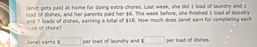 Janet gets paid at home for doing extra chores. Last week, she did 1 load of laundry and 1
load of dishes, and her parents paid her $6. The week before, she finished 1 load of laundry 
and 7 loads of dishes, earning a total of $18. . How much does Janet earn for completing each 
type of chore? 
Janet earns $ :□ per load of laundry and $□ per load of dishes.