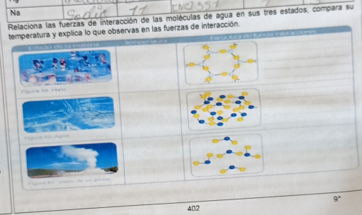 Na 
Relaciona las fuerzas de interacción de las moléculas de agua en sus tres estados, compara su 
temperatura y explica lo que observas en las fuerzas de interacción. 
Sra So. Hémio 
r 00. Água
9°
402