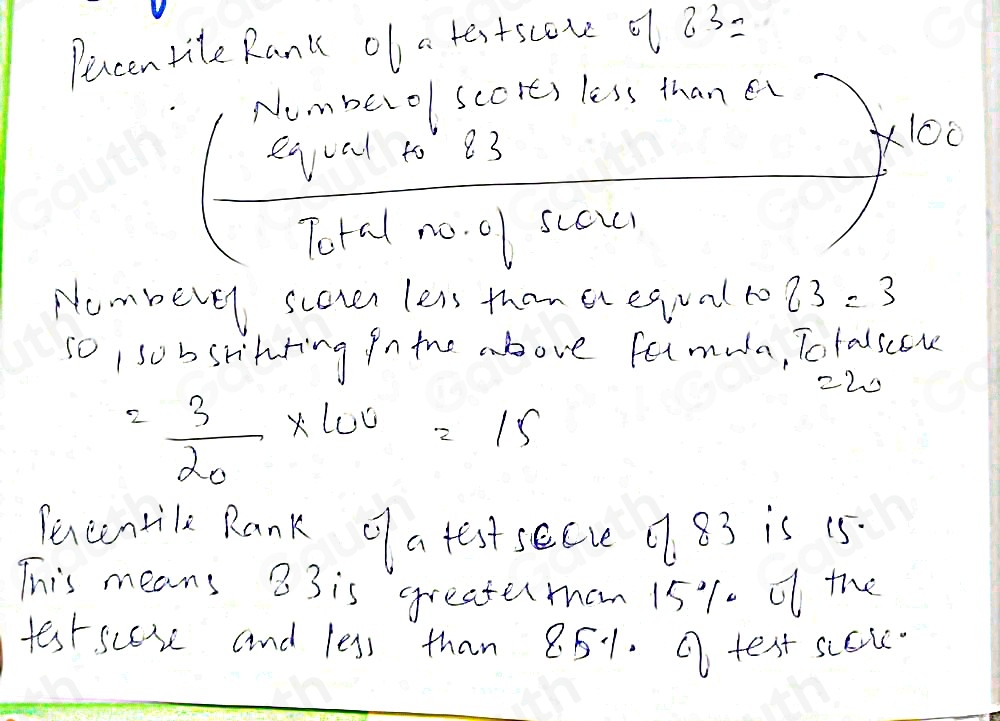 Solved: Of 20 test scores, three are less than or equal to 83. What is ...