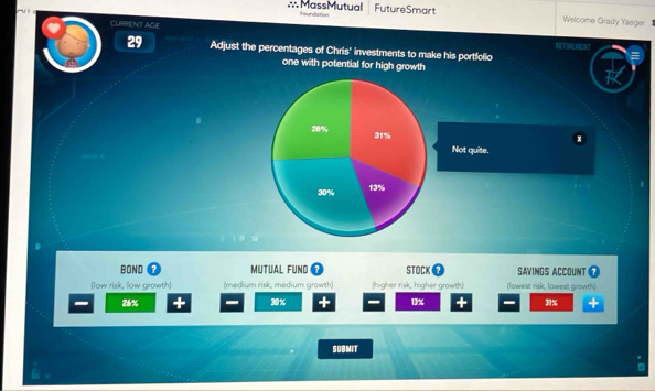 .∴MassMutual Foundation
FutureSmart Welcome Grady Yaeger 
CURRENT AGE SET INE N
29 Adjust the percentages of Chris' investments to make his portfolio
one with potential for high growth
26% 31%
Not quite.
13%
30%
BOND ? MUTUAL FUND STOCK SAVINGS ACCOUNT
(low risk, low growth) (medium risk, medium growth) (higher risk, higher growth) (lowest risk, lowest growth)
26% 30% 13% 3%
SUBMIT