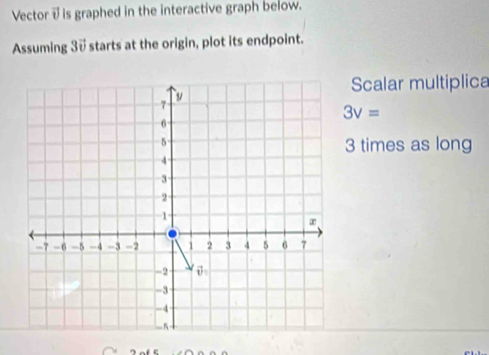 Vector vector U is graphed in the interactive graph below. 
Assuming 3 starts at the origin, plot its endpoint. 
Scalar multiplica
3v=
3 times as long