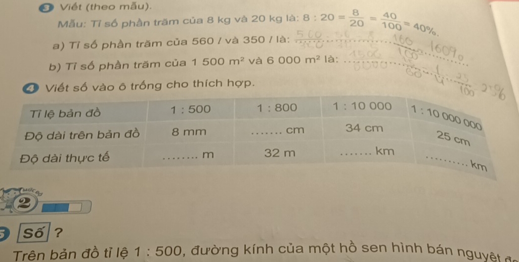 Ở Viết (theo mẫu).
Mẫu: Tỉ số phần trăm của 8 kg và 20 kg là: 8:20= 8/20 = 40/100 =40% .
a) Tỉ số phần trăm của 560 / và 350 / là:_
b) Tỉ số phần trăm của 1500m^2 và 6000m^2 là:_
_
Viết số vào ô trống cho thích hợp.
te
Số ?
Trên bản đồ tỉ lệ 1:500 đ ư ờng kính của một hồ sen hình bán nguyê