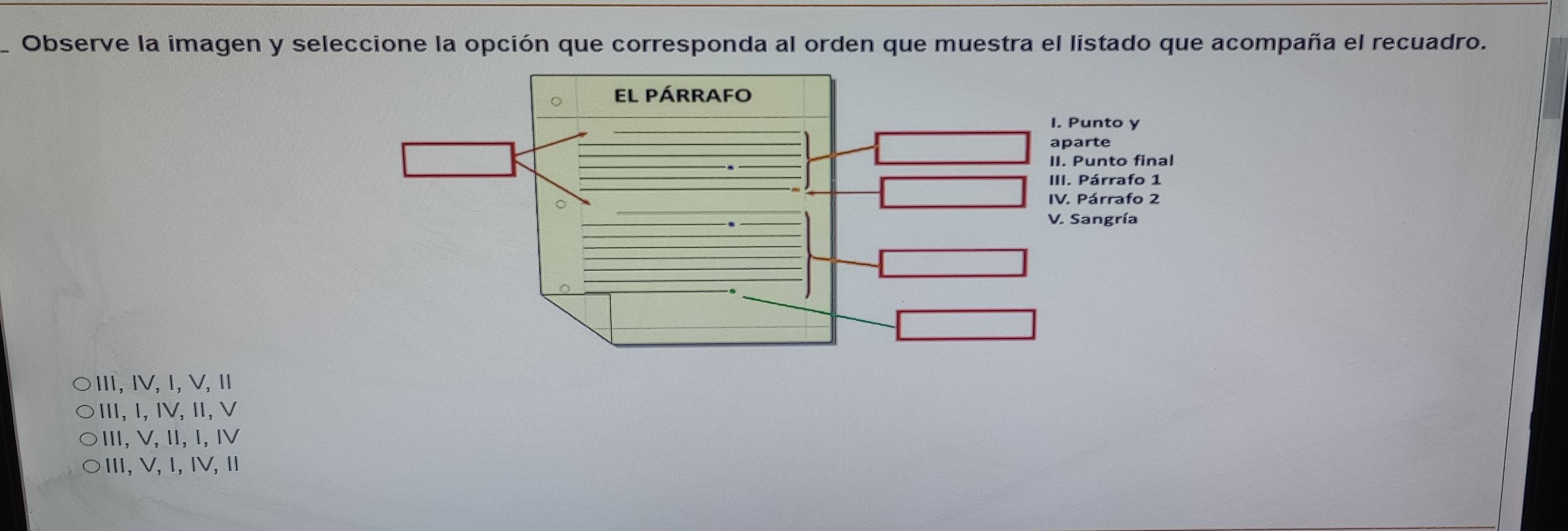 Observe la imagen y seleccione la opción que corresponda al orden que muestra el listado que acompaña el recuadro.
El párrafo
_
1. Punto y
aparte
_
II. Punto final
III. Párrafo 1
。
IV. Párrafo 2
V. Sangría
Ⅲ,ⅣV,I, V, Ⅱ
Ⅲ, I,IV, Ⅱ, V
Ⅲ, V, Ⅱ, I, Ⅳ
I, V, 1, IV, Ⅱ