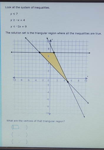 Look at the system of inequalities.
y≤ 7
y≥ -x+4
y≤ -2x+9
The solution set is the triangular region where all the inequalities are true. 
What are the vertices of that triangular region? 
1□, 
□ □ 
( . )