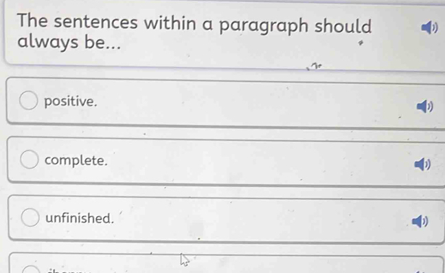 The sentences within a paragraph should
always be...
positive.
)
complete. D
unfinished.