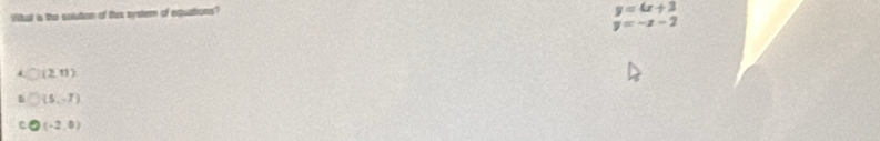 What is the colution of thue systern of equations?
y=4x+3
y=-x-2
(2,11)
(5,-7)
(-2,0)