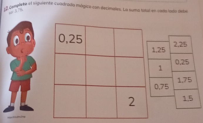 de completo el siguiente cuadrado mágico con decimales. La suma total en cada lado debe 
ser 3, 75, 
nnpc7n3c0mc2rp