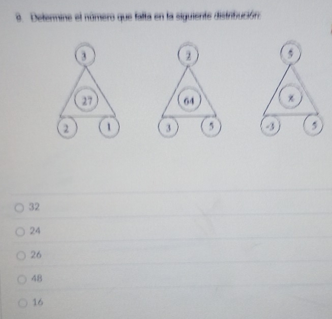 Determine el número que falta en la siguiente distribución:
2
a
27
64
2 1 3 5 a
32
24
26
48
16