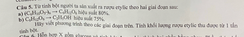 Từ tinh bột người ta sản xuất ra rượu etylic theo hai giai đoạn sau: 
a) (C_6H_10O_5to _nC_6H_12O_6 hiệu suất 80%. 
b) C_6H_12O_6to C_2H_5OH hiệu suất 75%. 
Hãy viết phương trình theo các giai đoạn trên. Tính khối lượng rượu etylic thu được từ 1 tấn 
tinh bột. 
* 6. Hỗn hợp X gồm glucose và