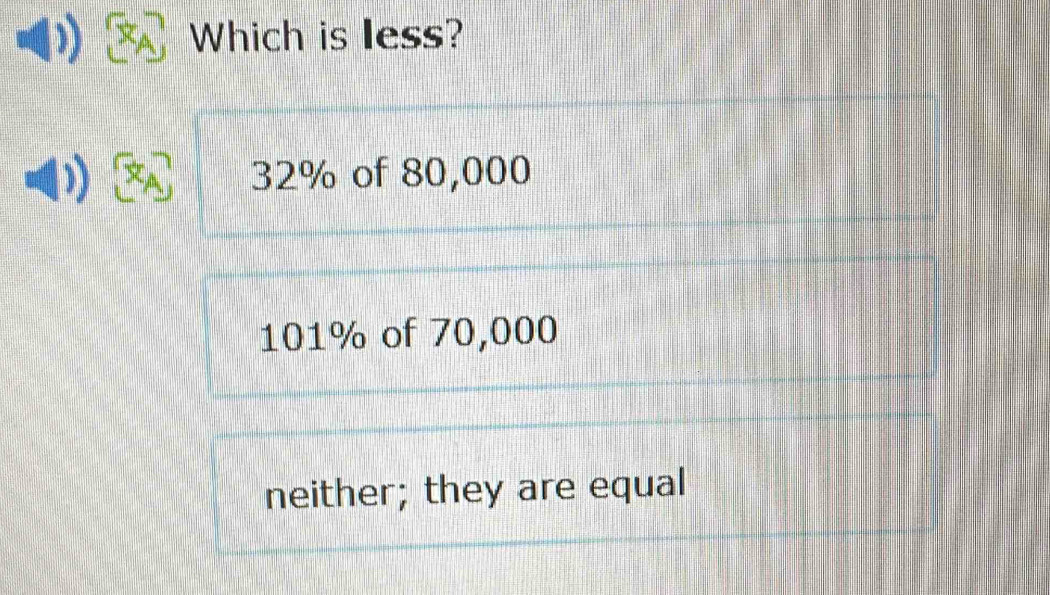 Which is less?
32% of 80,000
101% of 70,000
neither; they are equal