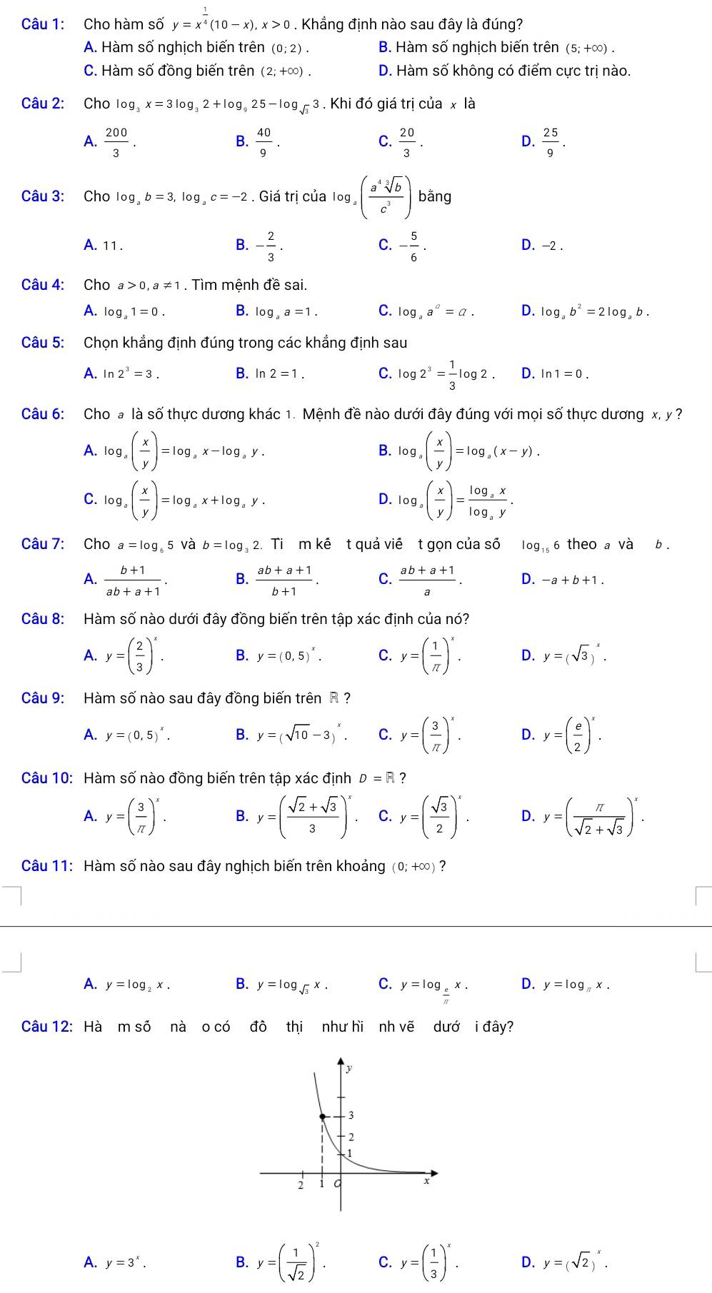 Cho hàm số y=x^(frac 1)4(10-x),x>0. Khẳng định nào sau đây là đúng?
A. Hàm số nghịch biến trên (0;2). B. Hàm số nghịch biến trên (5;+∈fty ).
C. Hàm số đồng biến trên (2;+∈fty ). D. Hàm số không có điểm cực trị nào.
Câu 2: Cho log _3x=3log _32+log _925-log _sqrt(3)3. Khi đó giá trị của x là
A.  200/3 .  40/9 .  20/3 .  25/9 .
B.
C.
D.
Câu 3: Cho log _ab=3,log _ac=-2. Giá trị của log _a( a^4sqrt[3](b)/c^3 ) bằng
B. - 2/3 . - 5/6 .
C.
A. 11 . D. -2 .
Câu 4: Cho a>0,a!= 1. Tìm mệnh đề sai.
A. log _a1=0. B. log _aa=1. C. log _aa^a=a. D. log _ab^2=2log _ab.
Câu 5: Chọn khẳng định đúng trong các khẳng định sau
A. ln 2^3=3. B. ln 2=1. C. log 2^3= 1/3 log 2. D. ln 1=0.
Câu 6: Cho a là số thực dương khác 1. Mệnh đề nào dưới đây đúng với mọi số thực dương x, y ?
A. log _a( x/y )=log _ax-log _ay. log _a( x/y )=log _a(x-y).
B.
C. log _a( x/y )=log _ax+log _ay. log _a( x/y )=frac log _axlog _ay.
D.
Câu 7: Cho a=log _65 và b=log _32 2. Ti m kê t quả viê t gọn của số log _156 theo aVdot a b .
A.  (b+1)/ab+a+1 . B.  (ab+a+1)/b+1 . C.  (ab+a+1)/a . D. -a+b+1.
Câu 8: Hàm số nào dưới đây đồng biến trên tập xác định của nó?
A. y=( 2/3 )^x. B. y=(0,5)^x. C. y=( 1/π  )^x. D. y=(sqrt(3))^x.
Câu 9: Hàm số nào sau đây đồng biến trên R ?
A. y=(0,5)^x. B. y=(sqrt(10)-3)^x. C. y=( 3/π  )^x. D. y=( e/2 )^x.
Câu 10: Hàm số nào đồng biến trên tập xác định D=R ?
A. y=( 3/π  )^x. B. y=( (sqrt(2)+sqrt(3))/3 )^x. C. y=( sqrt(3)/2 )^x. D. y=( π /sqrt(2)+sqrt(3) )^x.
Câu 11: Hàm số nào sau đây nghịch biến trên khoảng (0;+∈fty ) ?
A. y=log _2x. B. y=log _sqrt(3)x. C. y=log _ex. D. y=log _π x.
Câu 12: Hà m số nà o có đô thi như hi nh vẽ dướ i đây?
A. y=3^x. B. y=( 1/sqrt(2) )^2. C. y=( 1/3 )^x. D. y=(sqrt(2))^x.