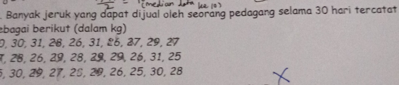 Banyak jeruk yang dapat dijual oleh seorang pedagang selama 30 hari tercatat 
ebagai berikut (dalam kg)
0, 30, 31, 28, 26, 31, £6, 27, 29, 27
7, 28, 26, 29, 28, 29, 29, 26, 31, 25
5, 30, 29, 27, 2º, 29, 26, 25, 30, 28