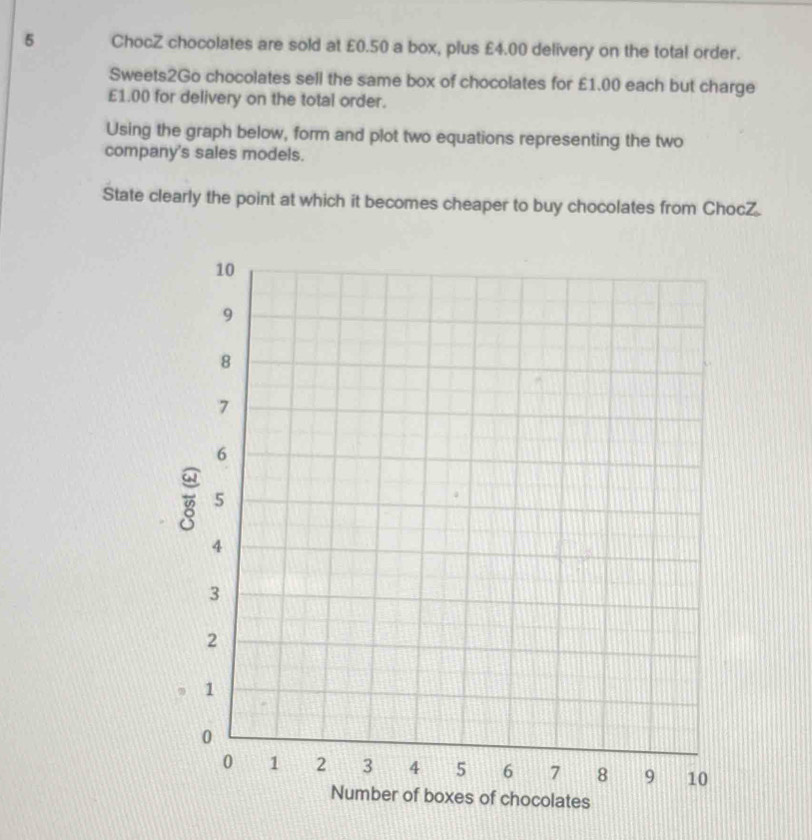 ChocZ chocolates are sold at £0.50 a box, plus £4.00 delivery on the total order. 
Sweets2Go chocolates sell the same box of chocolates for £1.00 each but charge
£1.00 for delivery on the total order. 
Using the graph below, form and plot two equations representing the two 
company's sales models. 
State clearly the point at which it becomes cheaper to buy chocolates from ChocZ.