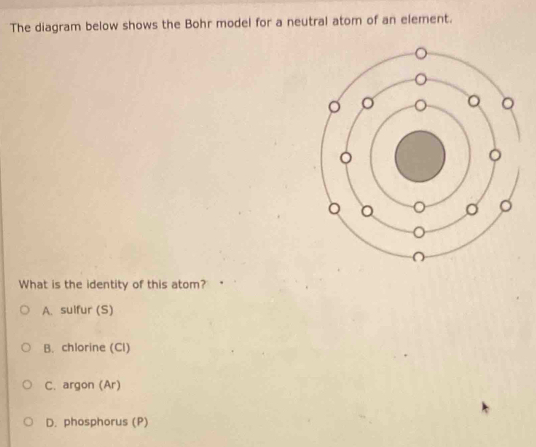 The diagram below shows the Bohr model for a neutral atom of an element.
What is the identity of this atom?
A. sulfur (S)
B. chlorine (Cl)
C. argon (Ar)
D. phosphorus (P)