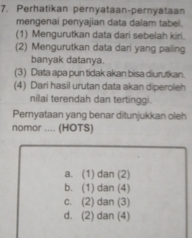 Perhatikan pernyataan-pernyataan
mengenai penyajian data dalam tabel.
(1) Mengurutkan data dari sebelah kiri.
(2) Mengurutkan data dari yang paling
banyak datanya.
(3) Data apa pun tidak akan bisa diurutkan.
(4) Dari hasil urutan data akan diperoleh
nilai terendah dan tertinggi.
Pernyataan yang benar ditunjukkan oleh
nomor .... (HOTS)
a. (1) dan (2)
b. (1) dan (4)
c. (2) dan (3)
d. (2) dan (4)