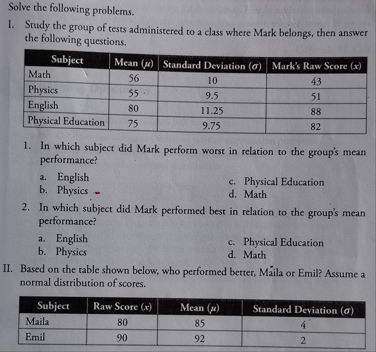 Solve the following problems.
I. Study the group of tests administered to a class where Mark belongs, then answer
the following questions.
1. In which subject did Mark perform worst in relation to the group's mean
performance?
a. English
c. Physical Education
b. Physics d. Math
2. In which subject did Mark performed best in relation to the group's mean
performance?
a. English c. Physical Education
b. Physics d. Math
II. Based on the table shown below, who performed better, Maila or Emil? Assume a
normal distribution of scores.