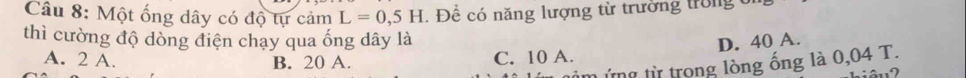 Một ống dây có độ tự cảm L=0,5H Để có năng lượng từ trường trong 
thì cường độ dòng điện chạy qua ống dây là
D. 40 A.
A. 2 A. B. 20 A. C. 10 A.
n ứng từ trong lòng ống là 0,04 T.