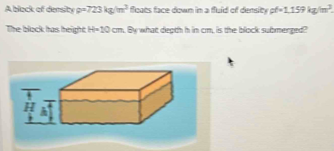 A black of density g=723kg/m^3 floats face down in a fluid of density pf=1,159kg/m^3. 
The block has height H=10cm. By what depth h in cm, is the block submerged?