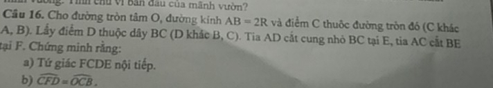 long: Tình chủ Vì bản đầu của mãnh vườn? 
Cầu 16. Cho đường tròn tâm O, đường kính AB=2R và điểm C thuộc đường tròn đó (C khác 
A, B). Lấy điểm D thuộc dây BC (D khắc B, C). Tia AD cắt cung nhỏ BC tại E, tia AC cắt BE
tại F. Chứng minh rằng: 
a) Tứ giác FCDE nội tiếp. 
b) widehat CFD=widehat OCB.