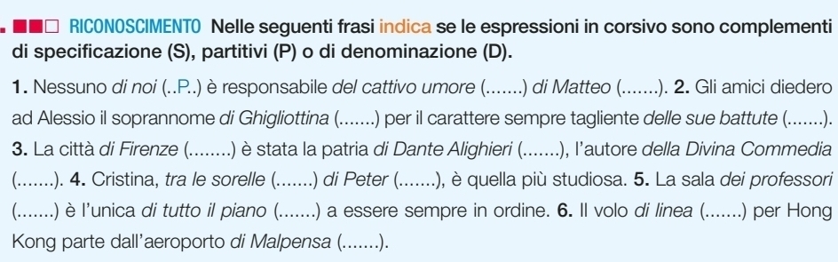 a RICONOSCIMENTO Nelle seguenti frasi indica se le espressioni in corsivo sono complementi 
di specificazione (S), partitivi (P) o di denominazione (D). 
1. Nessuno di noi (..P..) è responsabile del cattivo umore (.......) di Matteo (._ .). 2. Gli amici diedero 
ad Alessio il soprannome di Ghigliottina (._ .) per il carattere sempre tagliente delle sue battute (.......). 
3. La città di Firenze (._ .) è stata la patria di Dante Alighieri (_ .), I’autore della Divina Commedia 
C_ .). 4. Cristina, tra le sorelle (._ .) di Peter (._ .), è quella più studiosa. 5. La sala dei professori 
....... .) è l'unica di tutto il piano (....... .) a essere sempre in ordine. 6. Il volo di linea (._ (.......) per Hong 
Kong parte dall'aeroporto di Malpensa (.......).