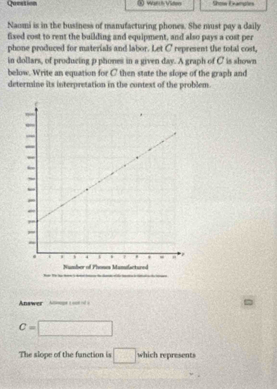 Question Watch Vídeo Shtow Bramples 
Naomi is in the business of manufacturing phones. She must pay a daily 
fixed cost to rent the building and equipment, and also pays a cost per 
phone produced for materials and labor. Let C represent the total cost, 
in dollars, of producing p phones in a given day. A graph of C is shown 
below. Write an equation for C then state the slope of the graph and 
determine its interpretation in the context of the problem. 
Answer lomps t ont of
C=□
The slope of the function is □ which represents