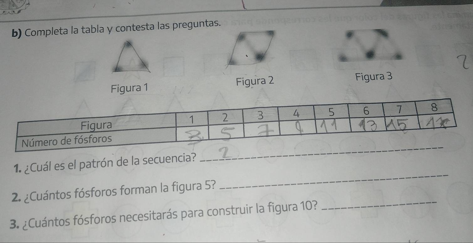 Completa la tabla y contesta las preguntas. 
Figura 1 Figura 2 
Figura 3 
1. ¿Cuál es el patrón de la secuencia? 
_ 
2. ¿Cuántos fósforos forman la figura 5? 
_ 
3. ¿Cuántos fósforos necesitarás para construir la figura 10?