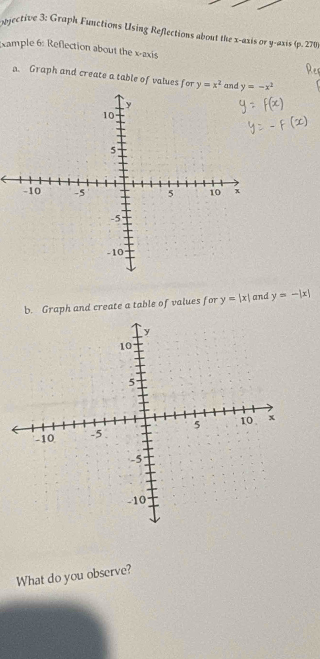 objective 3: Graph Functions Using Reflections about the x-axis or y-axis (p.270 
xample 6: Reflection about the x-axis 
a. Graph and create a table of values for y=x^2 and y=-x^2
b. Graph and create a table of values for y=|x| and y=-|x|
What do you observe?