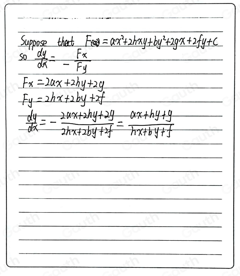 Solved: Find dy/dx ,if ax^2+2hxy+by^2+2gx+2fy+c=0 [Calculus]