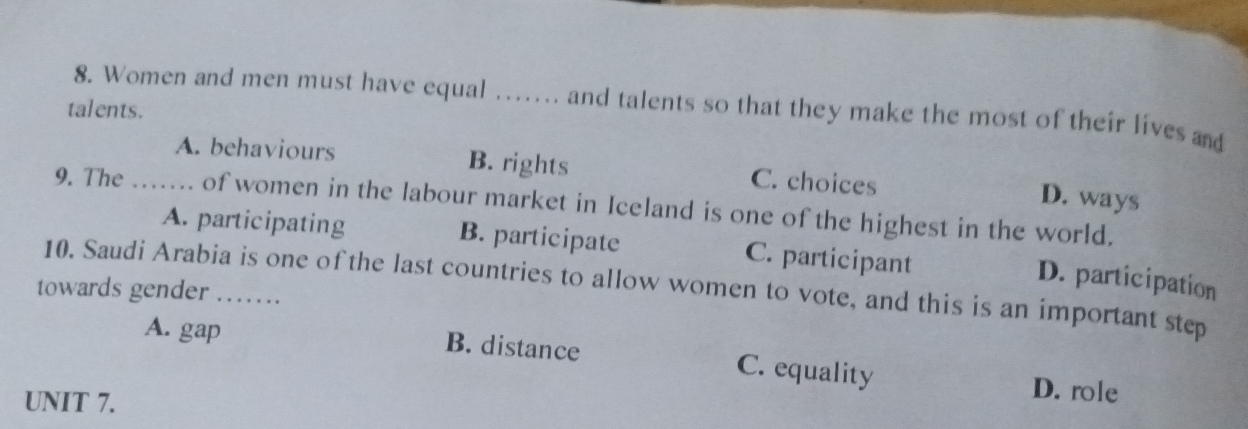 Women and men must have equal …... and talents so that they make the most of their lives and
talents.
A. behaviours B. rights C. choices
D. ways
9. The_ of women in the labour market in Iceland is one of the highest in the world.
A. participating B. participate C. participant
D. participation
towards gender .….. 10. Saudi Arabia is one of the last countries to allow women to vote, and this is an important step
A. gap
B. distance C. equality D. role
UNIT 7.