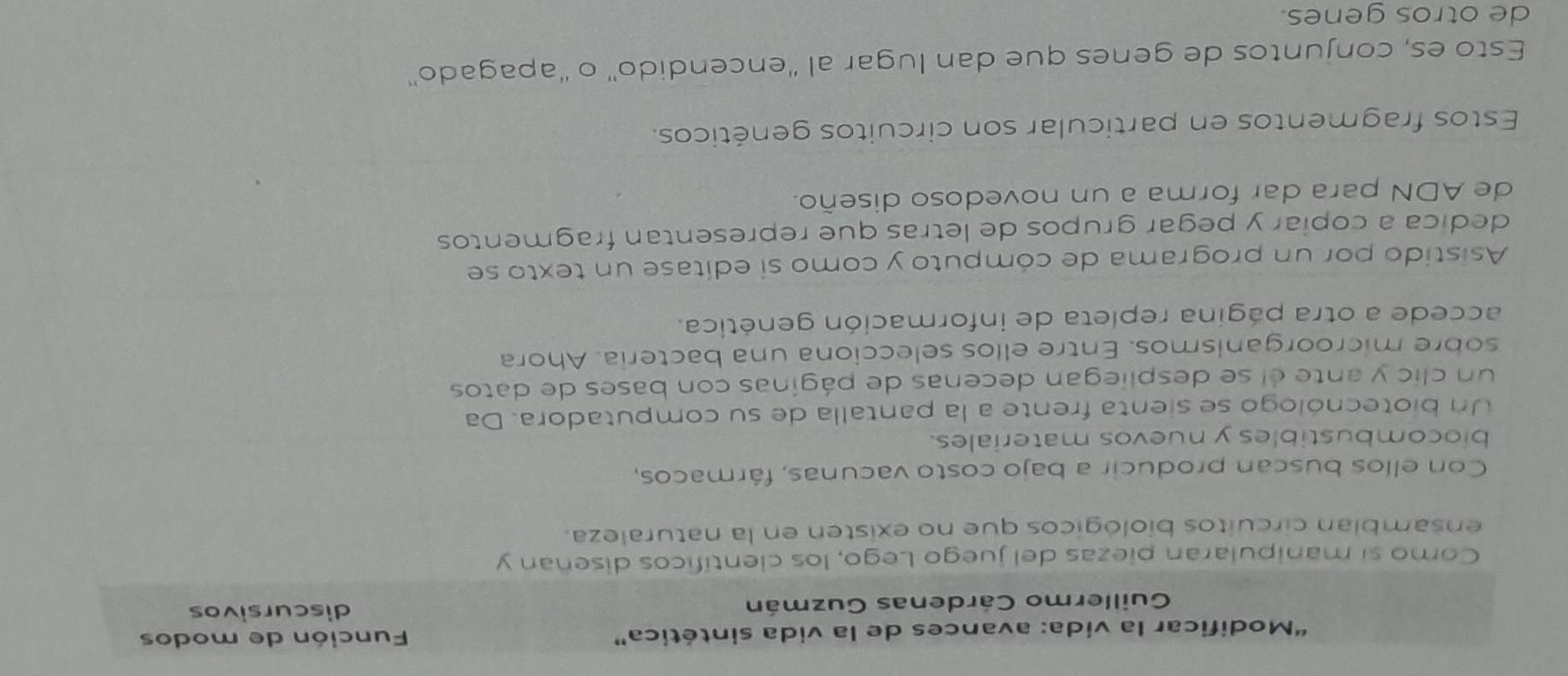 'Modificar la vida: avances de la vida sintética” Función de modos 
Guillermo Cárdenas Guzmán discursivos 
Como sí manipularan piezas del juego Lego, los científicos diseñan y 
ensambian circuitos biológicos que no existen en la naturaleza. 
Con ellos buscan producir a bajo costo vacunas, fármacos, 
biocombustibles y nuevos materiales. 
Un biotecnólogo se sienta frente a la pantalla de su computadora. Da 
un clic y ante él se despliegan decenas de páginas con bases de datos 
sobre microorganismos. Entre ellos selecciona una bacteria. Ahora 
accede a otra página repleta de información genética. 
Asistido por un programa de cómputo y como sí edítase un texto se 
dedica a copiar y pegar grupos de letras que representan fragmentos 
de ADN para dar forma a un novedoso diseño. 
Estos fragmentos en particular son circuitos genéticos. 
Esto es, conjuntos de genes que dan lugar al ''encendido'' o ''apagado' 
de otros genes.