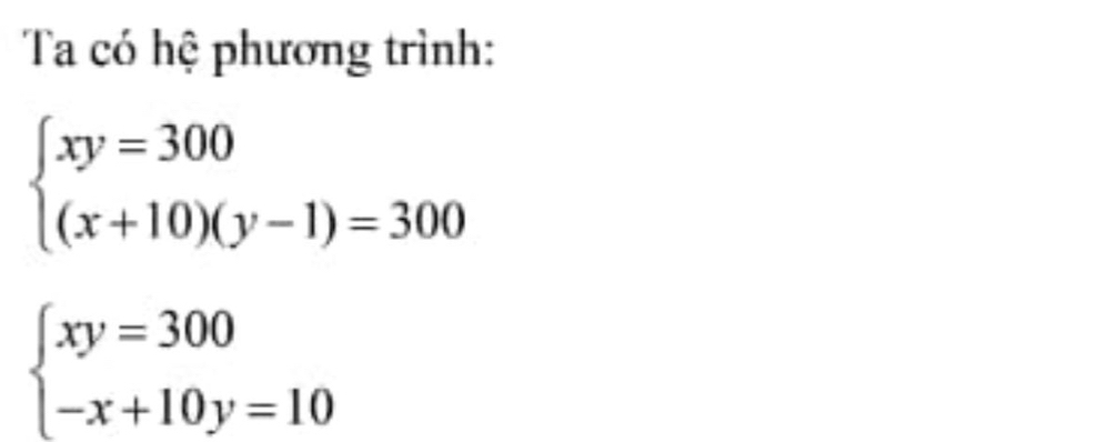 Ta có hệ phương trình:
beginarrayl xy=300 (x+10)(y-1)=300endarray.
beginarrayl xy=300 -x+10y=10endarray.