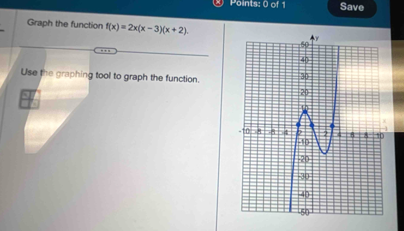 Save 
Graph the function f(x)=2x(x-3)(x+2). 
Use the graphing tool to graph the function.