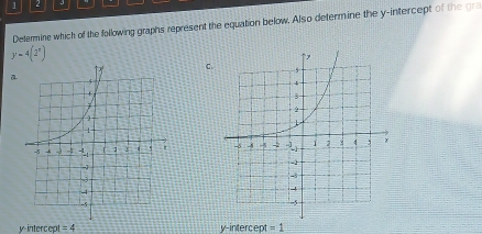 1 2 J 
Defermine which of the following graphs represent the equation below. Also determine the y-intercept of the gra
y=4(2^x)
C. 
a

y intercept =4 y -intercer t=1