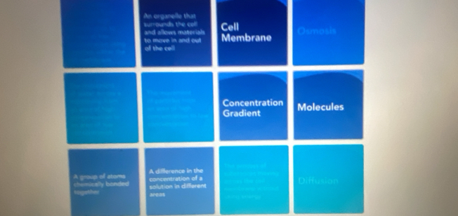 An organelle that
surrounds the coll Cell Osmosis
and allows materials
to move in and out Membrane
of the cell
Concentration
Gradient Molecules
A group of stoms A difference in the
chemically banded concentration of a
Diffusion
together solution in different
areas