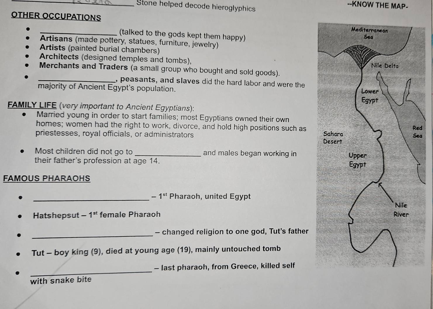 KNOW THE MAP-
_Stone helped decode hieroglyphics
OTHER OCCUPATIONS
_(talked to the gods kept them happy)
Artisans (made pottery, statues, furniture, jewelry)
Artists (painted burial chambers)
Architects (designed temples and tombs),
Merchants and Traders (a small group who bought and sold goods).
_, peasants, and slaves did the hard labor and were the
majority of Ancient Egypt's population. 
FAMILY LIFE (very important to Ancient Egyptians):
Married young in order to start families; most Egyptians owned their own
homes; women had the right to work, divorce, and hold high positions such as
d
priestesses, royal officials, or administrators a
Most children did not go to _and males began working in
their father's profession at age 14.
FAMOUS PHARAOHS
_ -1^(st) Pharaoh, united Egypt
Hatshepsut - 1^(st) female Pharaoh 
_
- changed religion to one god, Tut’s father
Tut - boy king (9), died at young age (19), mainly untouched tomb
_
- last pharaoh, from Greece, killed self
with snake bite