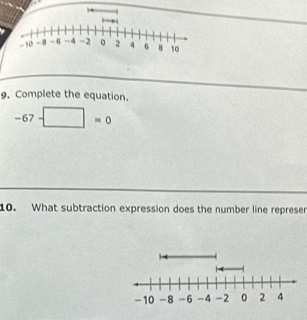 Complete the equation.
-67-□ =0
10. What subtraction expression does the number line represen