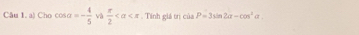 Cho cos alpha =- 4/5  và  π /2  , Tính giả trị ciaP=3sin 2alpha -cos^2alpha.