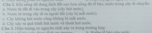 Khi nồng độ dung dịch đất cao hơn nồng độ tế bào, nước trong cây di chuyển:
a. Nước từ đất đi vào trong cây (cây hút nước).
b. Nước từ trong cây đi ra ngoài đất (cây bị mất nước).
c. Cây không hút nước cũng không bị mất nước.
d. Cây xảy ra quá trình hút nước và thoát hơi nước.
Câu 3. Hiện tượng co nguyên sinh xảy ra trong trường hợp:
h. Ngâm tế bào vào nước