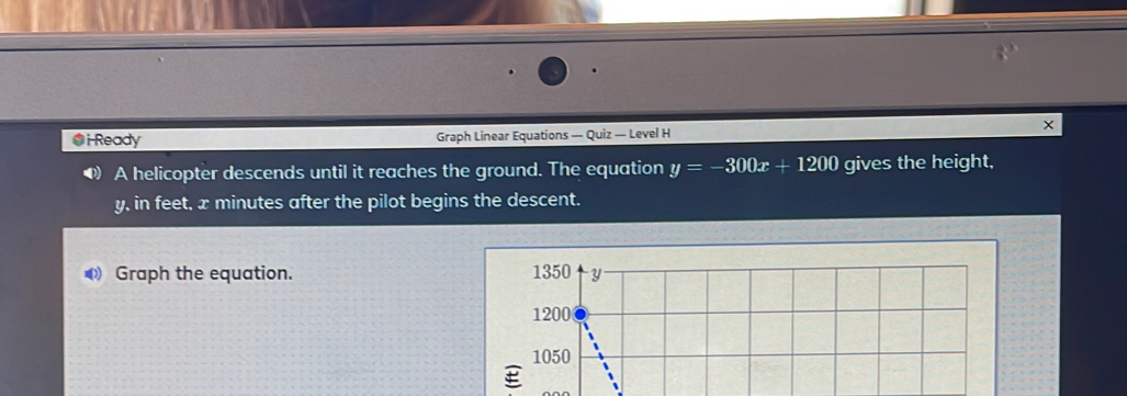 Ready Graph Linear Equations — Quiz — Level H 
D A helicopter descends until it reaches the ground. The equation y=-300x+1200 gives the height,
y, in feet, x minutes after the pilot begins the descent. 
Graph the equation. 1350 y
1200
1050
E