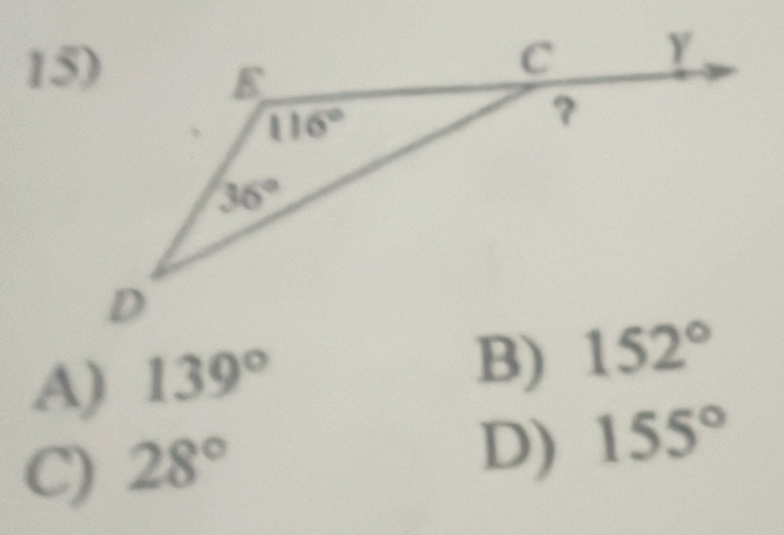 A) 139°
B) 152°
C) 28°
D) 155°