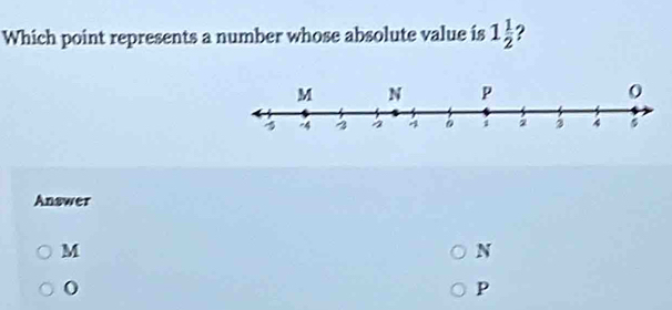 Which point represents a number whose absolute value is 1 1/2  ?
Answer
M
N
P