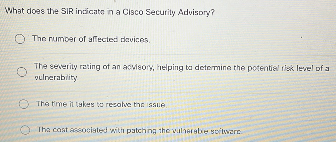 Solved: What does the SIR indicate in a Cisco Security Advisory? The ...