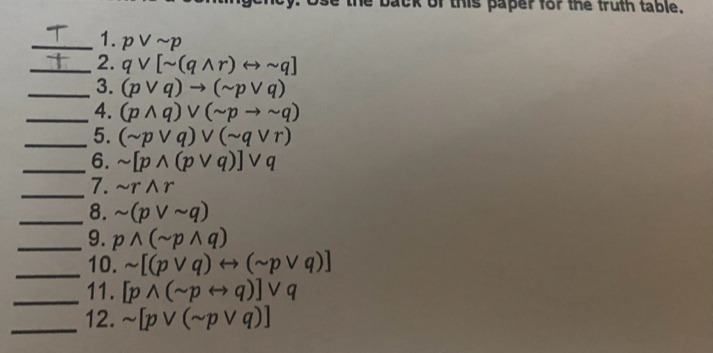 of this paper for the truth table. 
_1. pvee sim p
_2. qvee [sim (qwedge r)rightarrow sim q]
_3. (pvee q)to (sim pvee q)
_4. (pwedge q)vee (sim pto sim q)
_5. (sim pvee q)vee (sim qvee r)
_6. sim [pwedge (pvee q)]vee q
_7. sim rwedge r
_8. sim (pvee sim q)
_9. pwedge (sim pwedge q)
_10. sim [(pvee q)rightarrow (sim pvee q)]
_11. [pwedge (sim prightarrow q)]vee q
_12. sim [pvee (sim pvee q)]