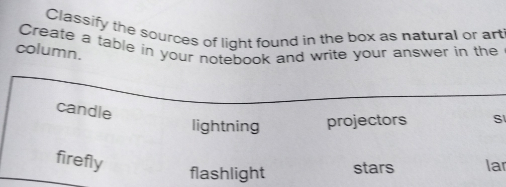 Classify the sources of light found in the box as natural or art
Create a table in your notebook and write your answer in the
column.
candle
lightning projectors
S
firefly
flashlight
stars lar